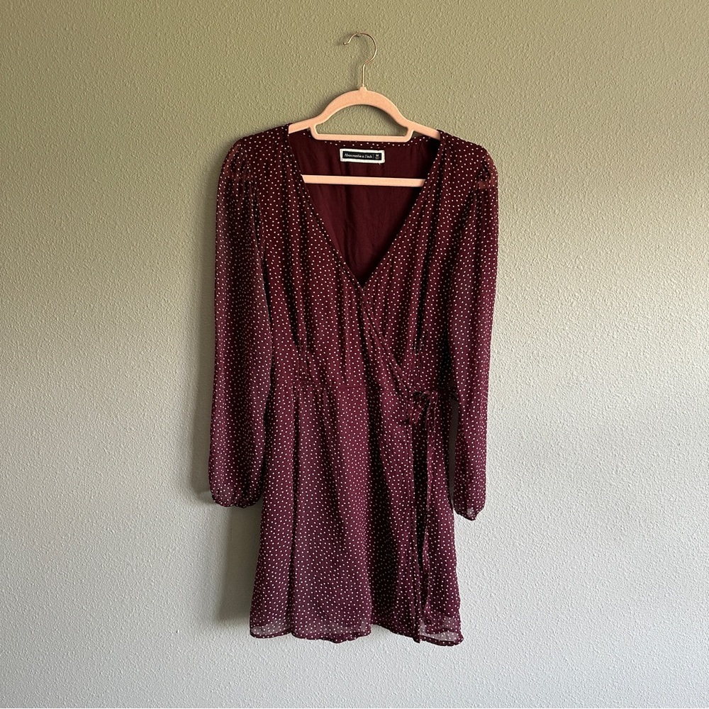 Abercrombie & Fitch Burgundy Polka Dot Long Sleeve Wrap Dress
